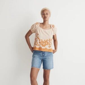 Madewell Embroidered Lace Up Back Puff Sleeve Top